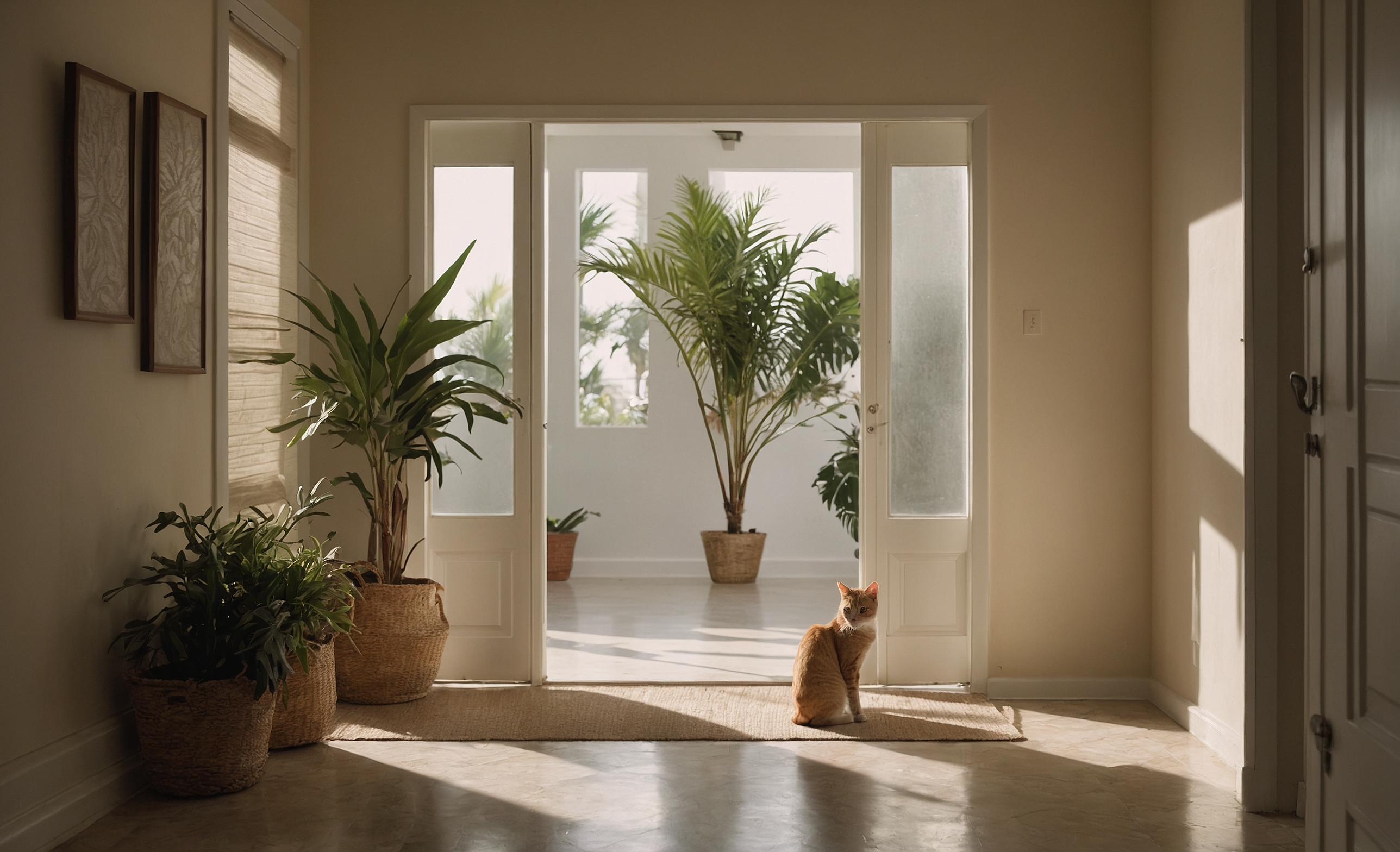 Sunlit condo hallway with a ginger cat on the rug and potted plants by the wall